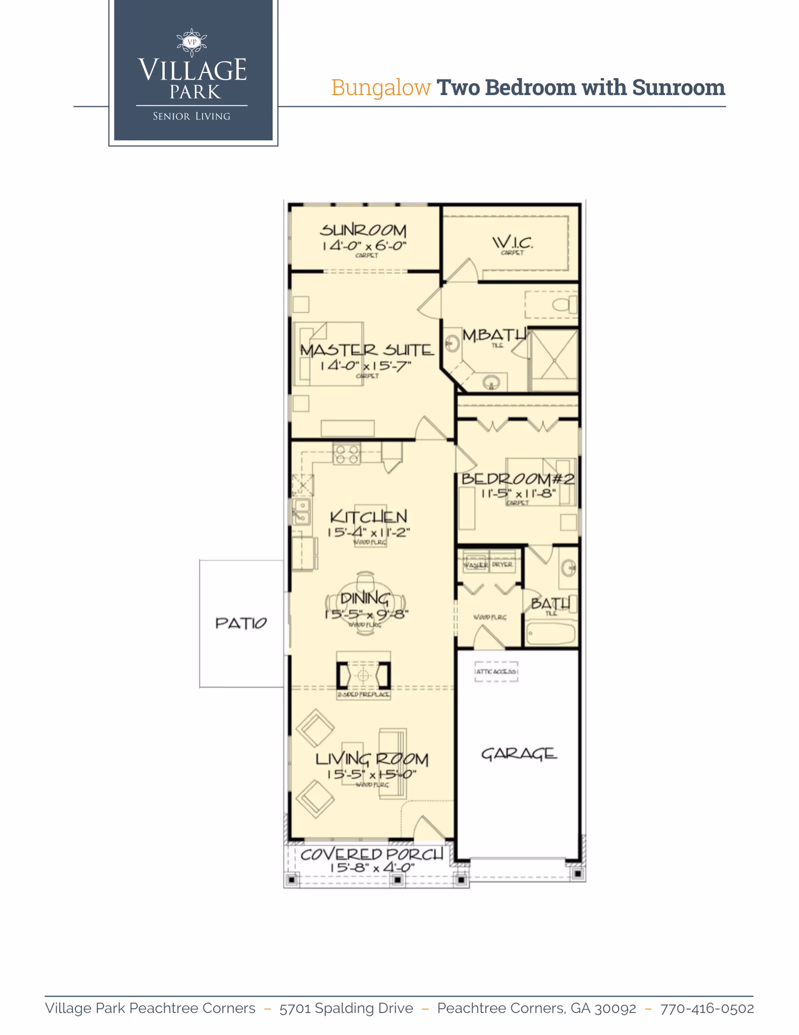 Architectural floor plan of a two-bedroom bungalow with sunroom showing labeled living room, dining area, kitchen, master suite with sunroom, second bedroom, bathrooms, garage, patio and covered porch.