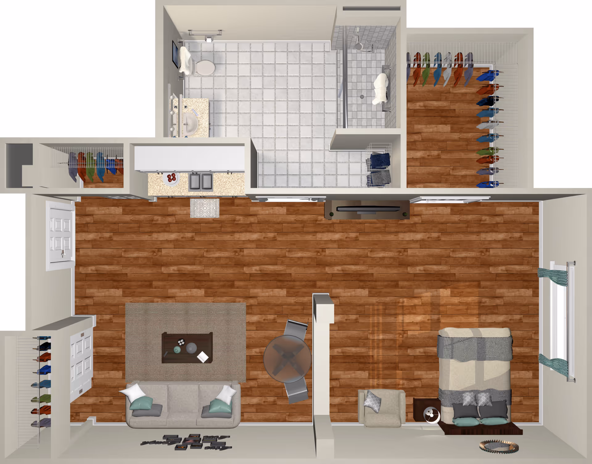 Top-down view of a senior living facility apartment floor plan showing a bedroom with a bed, armchair, and nightstand, a living room with a sofa, coffee table, and TV, a dining area with a round table and chairs, a kitchen with a sink and countertop, a bathroom with a toilet, sink, and shower, and two walk-in closets with hanging clothes.