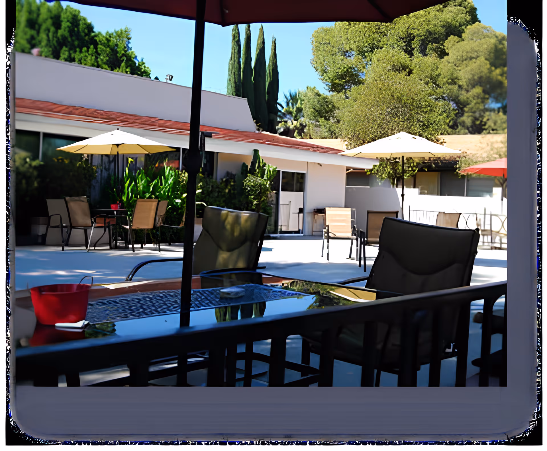 Outdoor patio area at Abbey Road Villa with several tables and chairs under large umbrellas, surrounded by greenery and trees, with a building in the background.