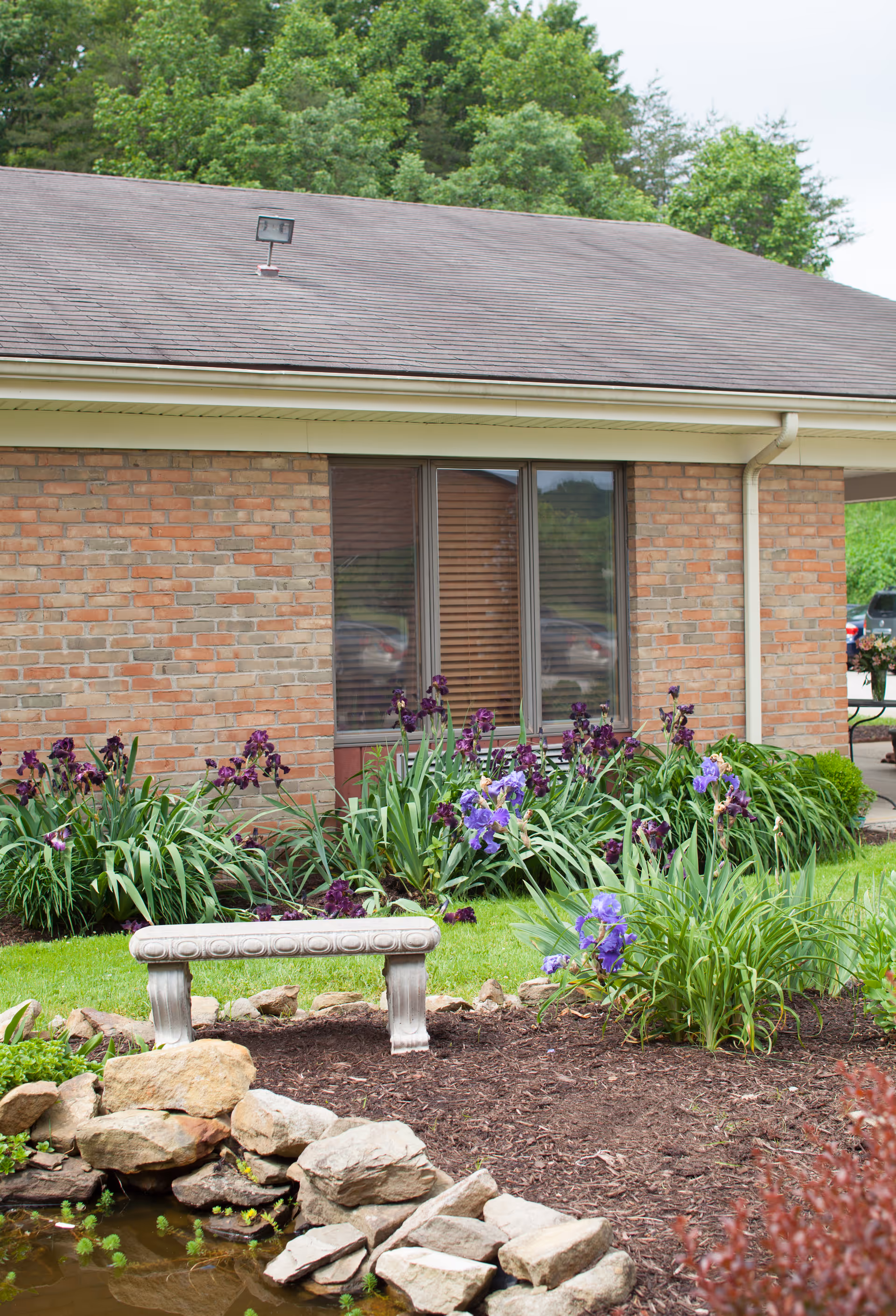 A garden area outside a brick building with a small stone bench, purple and blue flowers, green plants, and a small pond surrounded by rocks. Trees are visible in the background.