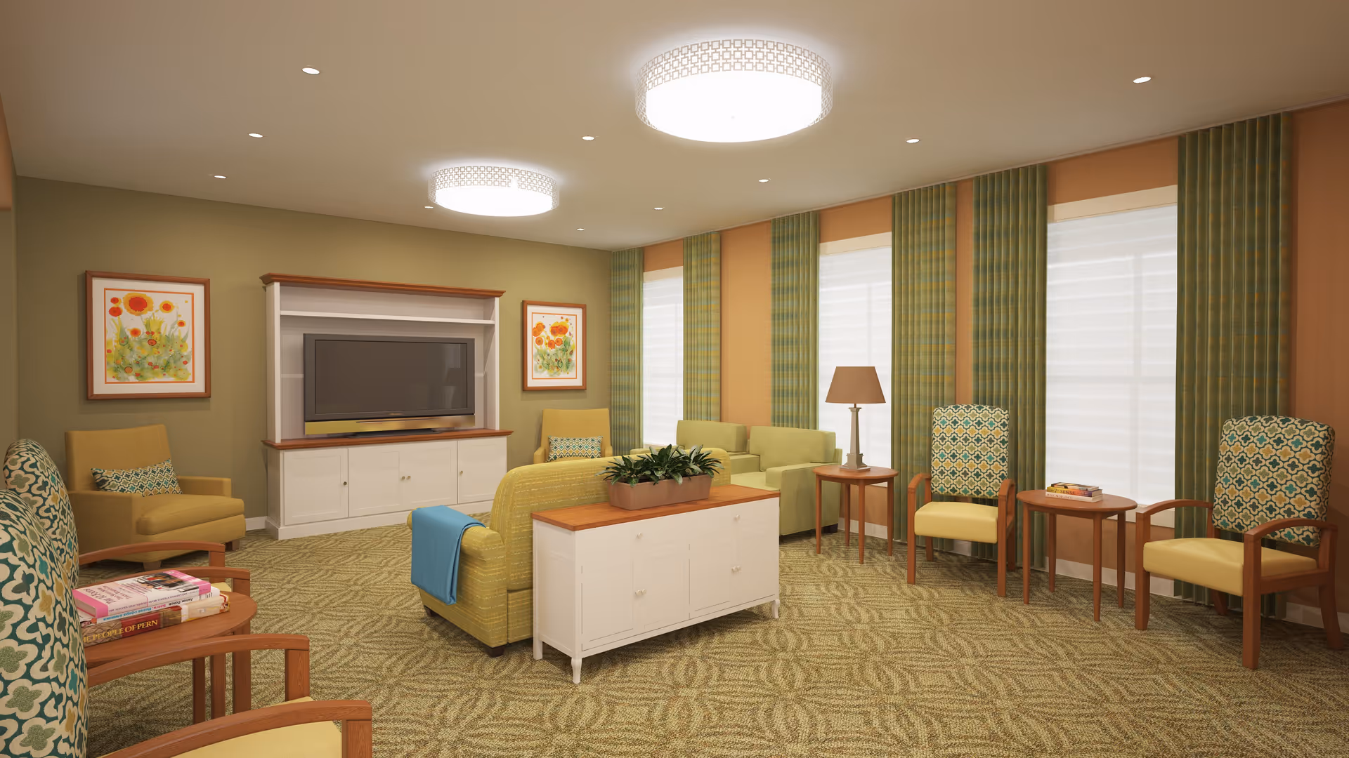 A cozy living room with green and yellow upholstered chairs, a green sofa, a white TV cabinet with a flat-screen TV, two framed floral paintings on the wall, patterned green curtains, a white cabinet with a plant on top, and a floor lamp beside the sofa. The room has patterned carpet flooring and two round ceiling lights.