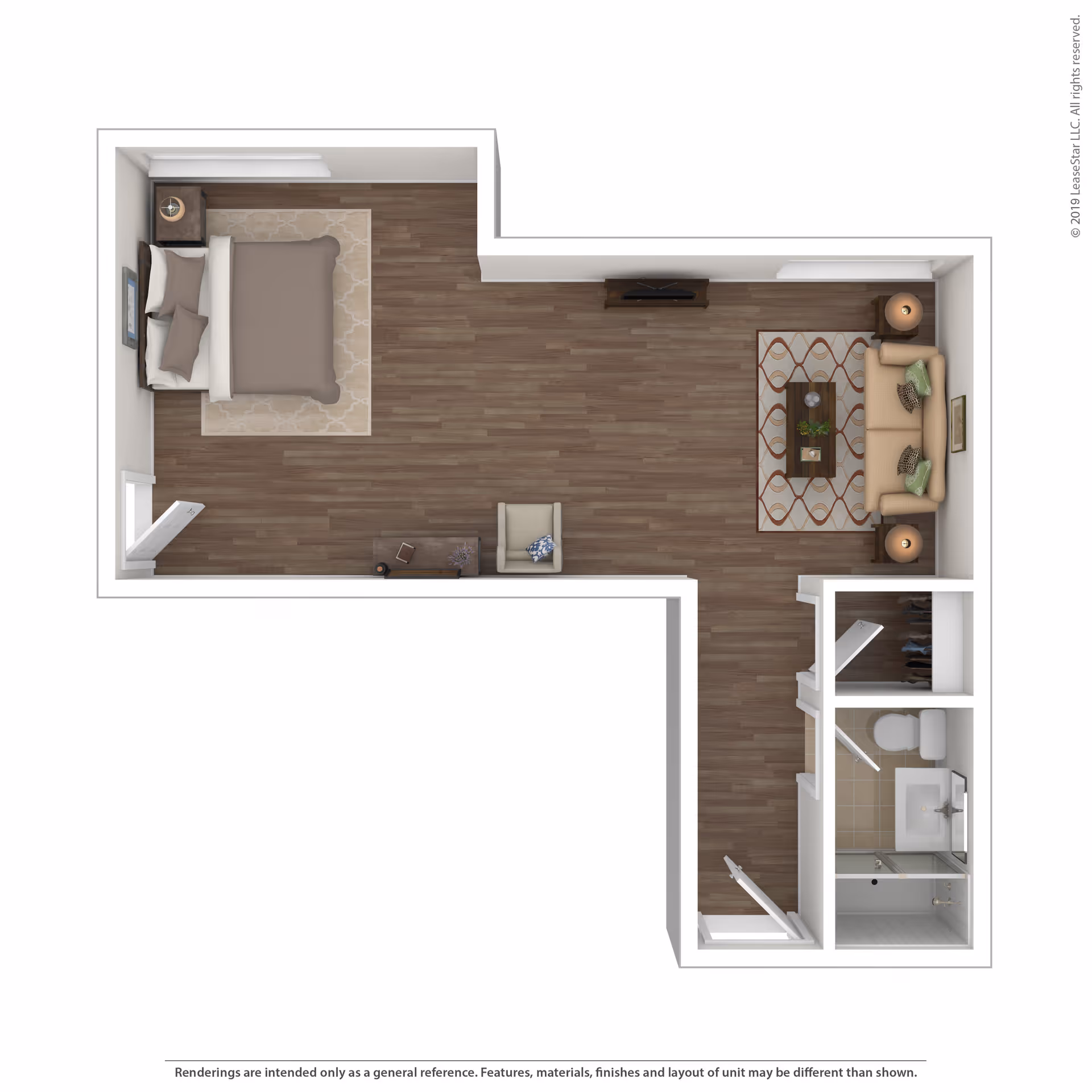 Top-down floor plan of a senior living unit at Juniper Village at Meadville, featuring a bedroom area with a bed and nightstand, a living area with a sofa, coffee table, armchair, and TV stand, and a bathroom with a shower, toilet, and sink. There is also a small closet space near the bathroom.