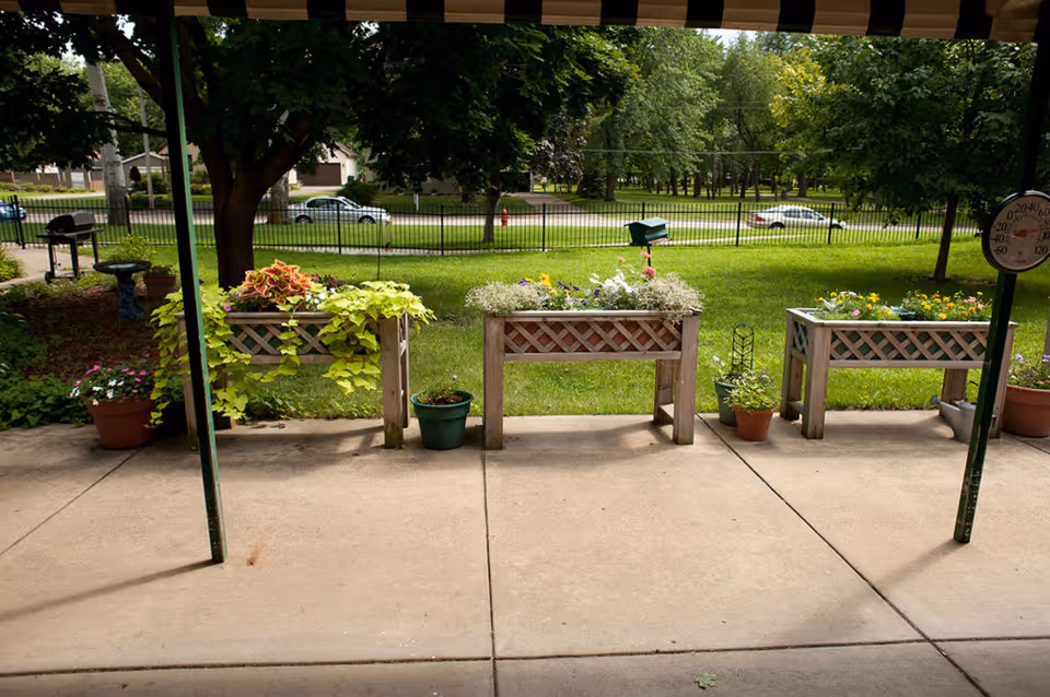 A shaded patio area with three wooden planter boxes filled with various flowering plants and greenery. Several potted plants are placed around the planters. In the background, there is a grassy lawn, trees, a black metal fence, and a street with parked cars. A large tree provides shade over part of the patio.