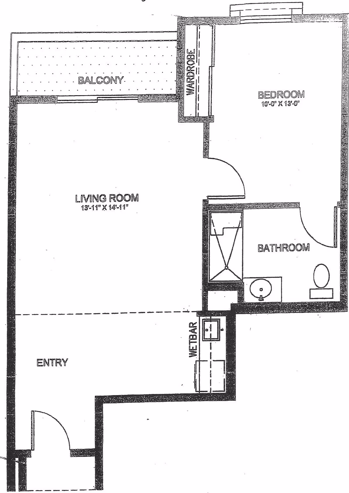 Architectural floor plan of a senior assisted living unit at Glen Terra Senior Assisted Living, showing an entry area, living room, bedroom with wardrobe, bathroom, wet bar, and a balcony.