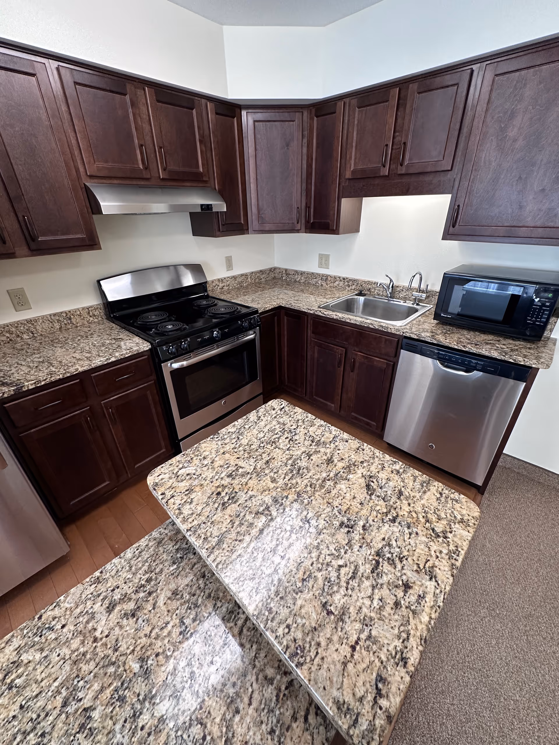 A kitchen with dark wooden cabinets, granite countertops, a stainless steel electric stove with oven, a stainless steel dishwasher, a stainless steel sink with a faucet, and a black microwave on the counter.
