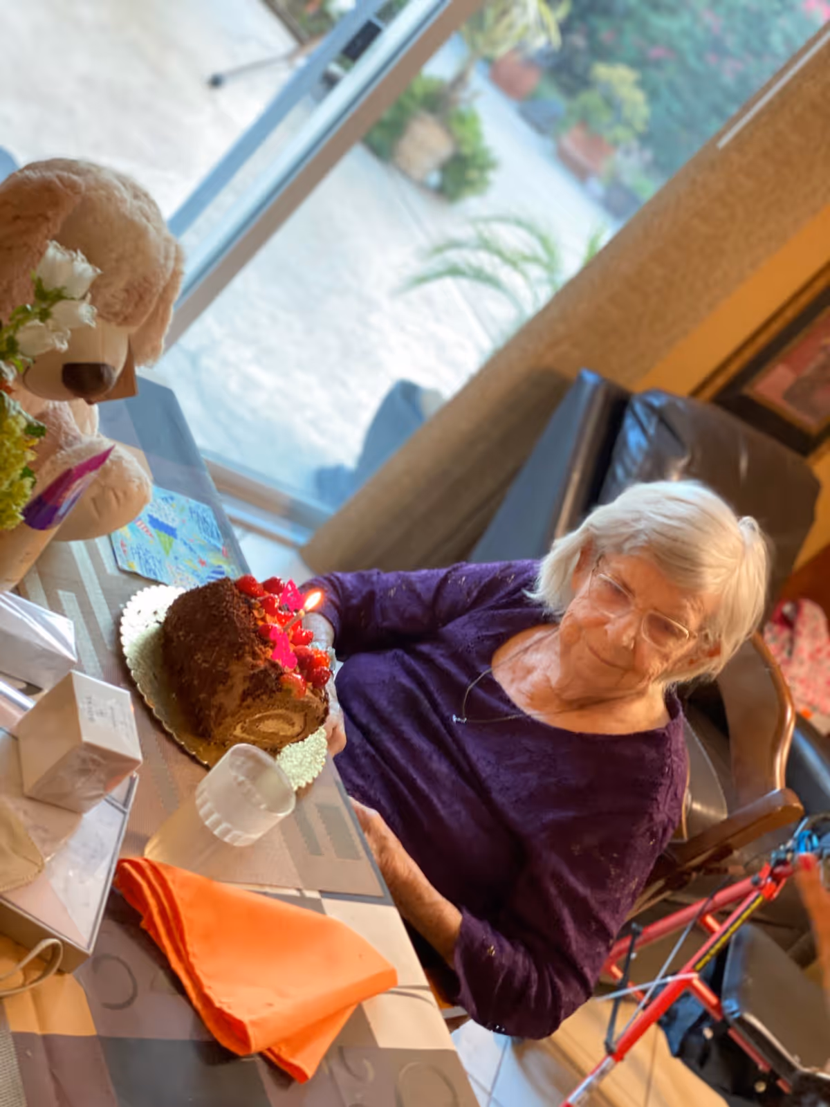 An elderly woman with white hair and glasses sits at a table indoors, looking at a chocolate cake with a lit candle and red decorations. On the table are a glass of water, an orange napkin, a large stuffed dog, and some other small items. In the background, there is a sliding glass door showing an outdoor patio with plants, and a red walker is visible beside the woman.