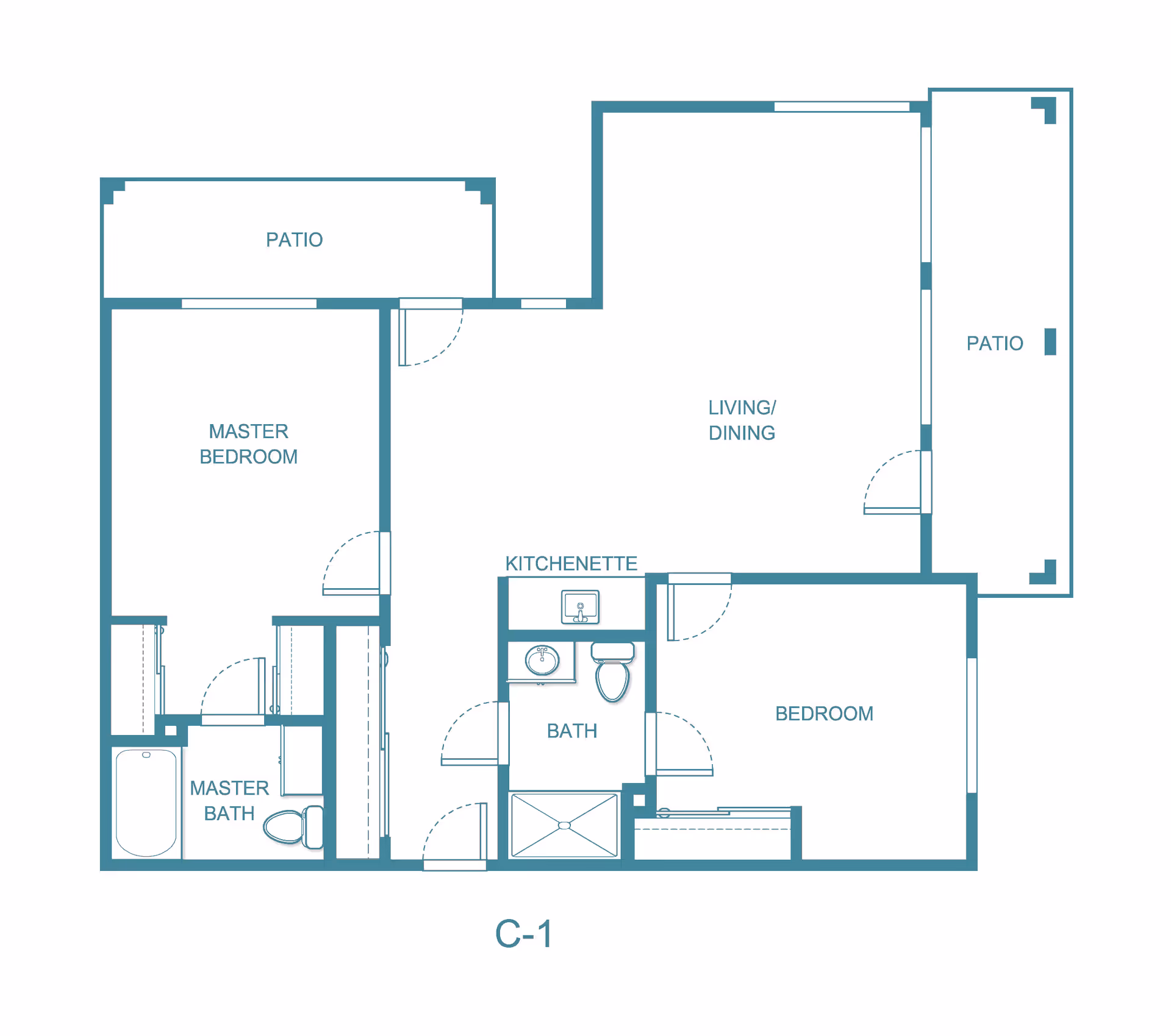 Floor plan layout of a senior living unit labeled C-1 at Whiterock Court - Sky Active Living, showing a master bedroom with attached master bath, a second bedroom, a bath, kitchenette, living/dining area, and two patios.