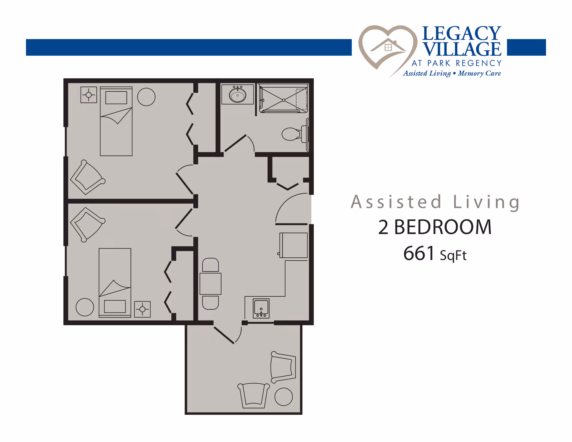 Floor plan of a 2-bedroom assisted living apartment at Legacy Village at Park Regency, showing two bedrooms, a bathroom, a kitchen area, and a living space with furniture layout.