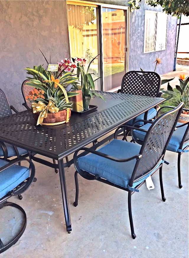 Outdoor patio area with a black metal table and six matching chairs with blue cushions. The table has two potted plants with green leaves and flowers placed on top. The patio is adjacent to a building with sliding glass doors and windows.
