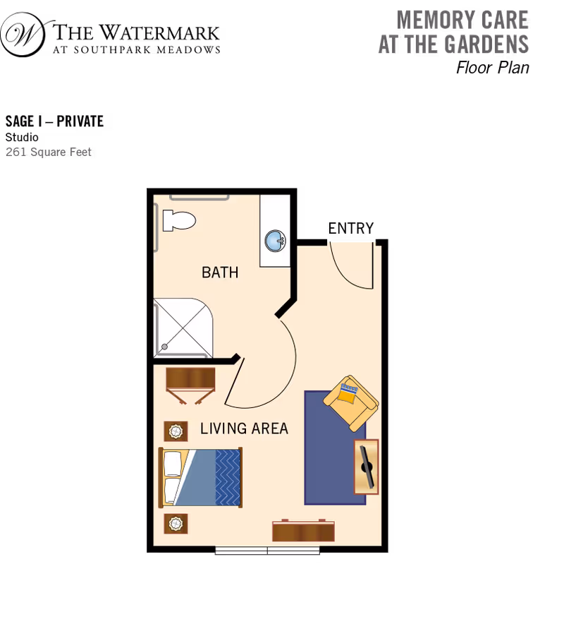 Floor plan of a memory care unit at The Watermark at Southpark Meadows showing a living area with a bed, two nightstands, a chair, a TV on a stand, and a bathroom with a toilet, sink, and shower.