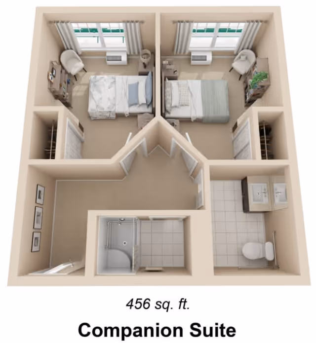 3D floor plan of a 456 square feet companion suite featuring two separate bedrooms each with a bed, chair, and window. The suite includes a shared bathroom with a shower, toilet, and double sink vanity, and a small hallway connecting the rooms.