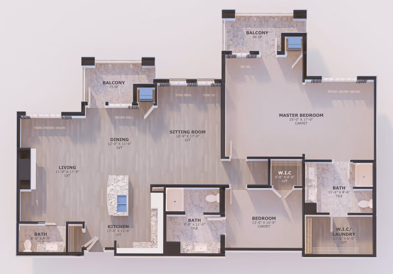 Architectural floor plan of a residential unit at Cambridge Village of Wilmington showing labeled rooms including living room, dining area, kitchen, sitting room, master bedroom with balcony, additional bedroom, bathrooms, walk-in closets, and laundry area.