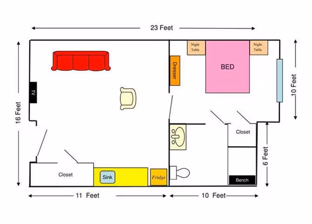 Colorful floor plan of a studio-style senior living unit showing a bed with night tables, dresser, living area with couch and chair, kitchenette (sink and fridge), bathroom, closets and room dimensions.