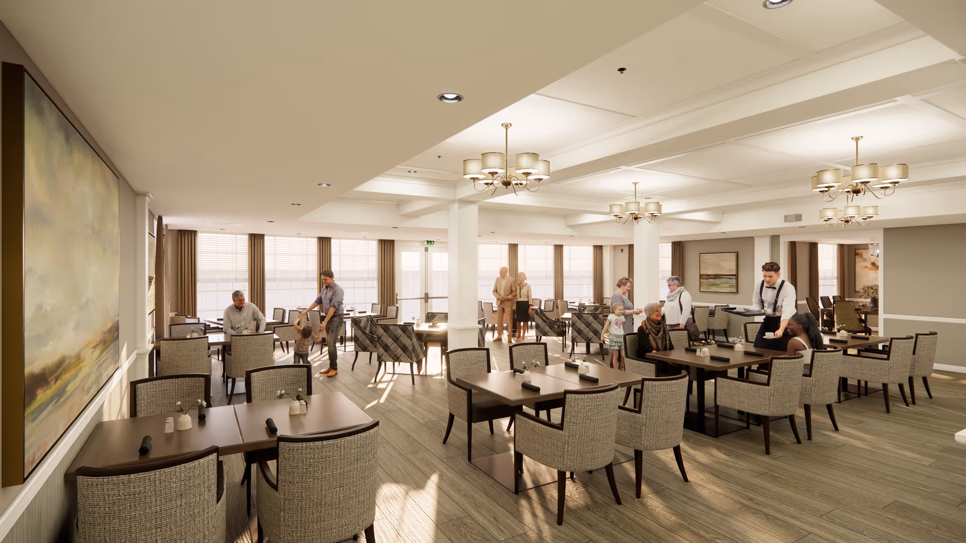 A bright and spacious dining room in an assisted living facility with multiple tables and chairs arranged neatly. Several elderly residents and staff members are interacting, including a waiter serving food. Large windows with curtains allow natural light to fill the room, and elegant chandeliers hang from the ceiling. The room has a warm and welcoming atmosphere with artwork on the walls and wood flooring.
