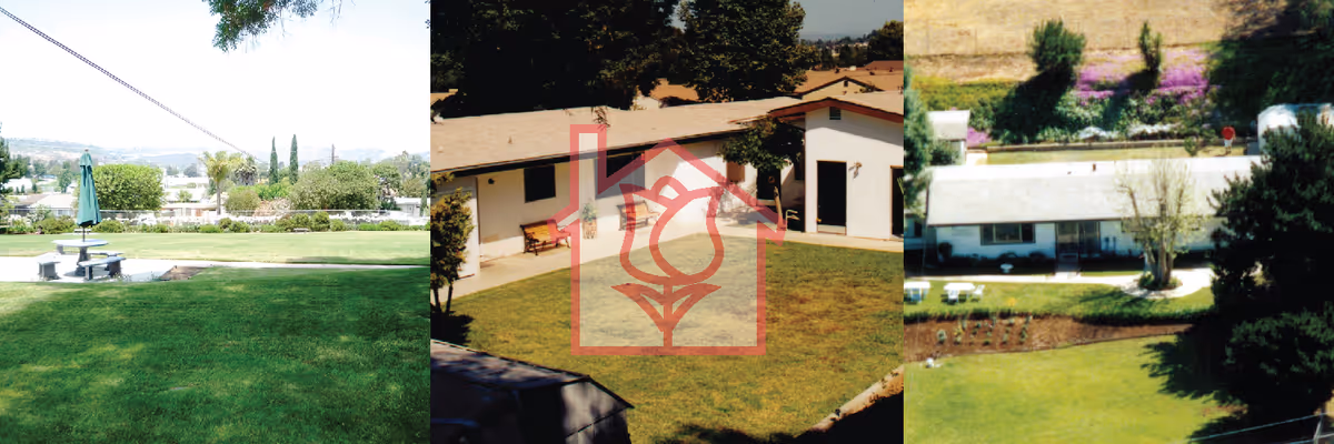 Three side-by-side images showing outdoor views of a senior living facility. The left image features a grassy area with a picnic table and umbrella, trees, and distant hills. The center image shows a courtyard with a single-story building, benches, and trees. The right image depicts a building surrounded by grass, trees, and landscaped areas with bushes and flowers.