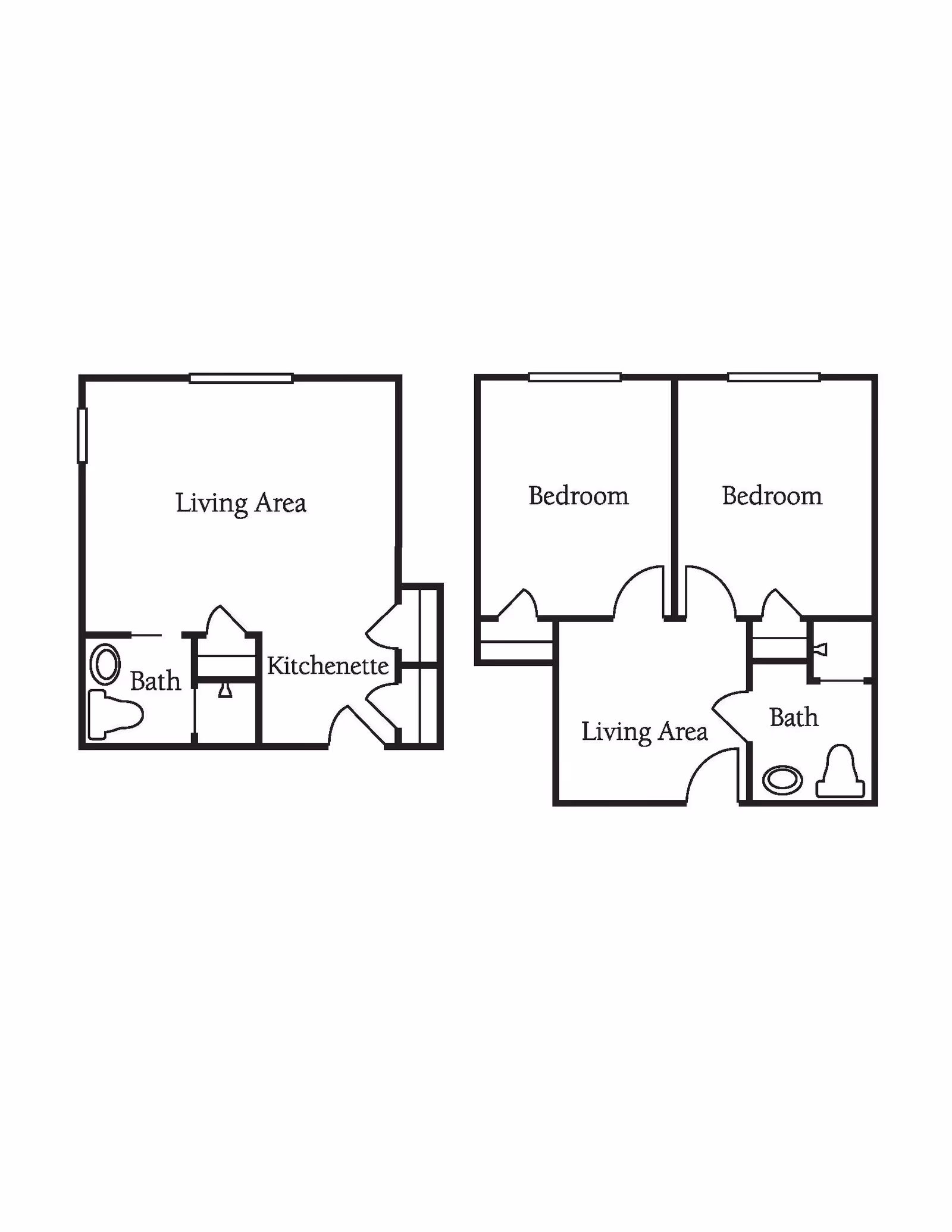 Architectural floor plan showing two layouts. The left layout includes a living area, kitchenette, and bath. The right layout includes two bedrooms, a living area, and a bath.
