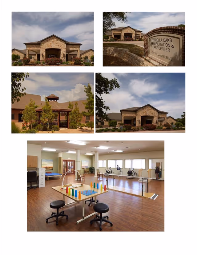 Exterior views of Estrella Oaks Rehabilitation and Care Center with a spacious indoor therapy gym.