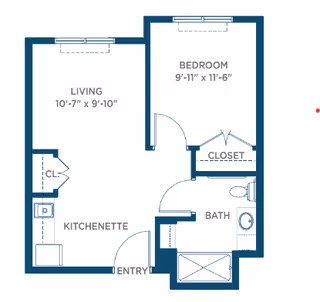 Architectural floor plan of a small apartment unit at Somerby Santa Rosa Beach showing a living room, kitchenette, bedroom, bathroom, closet, and entry area with dimensions.