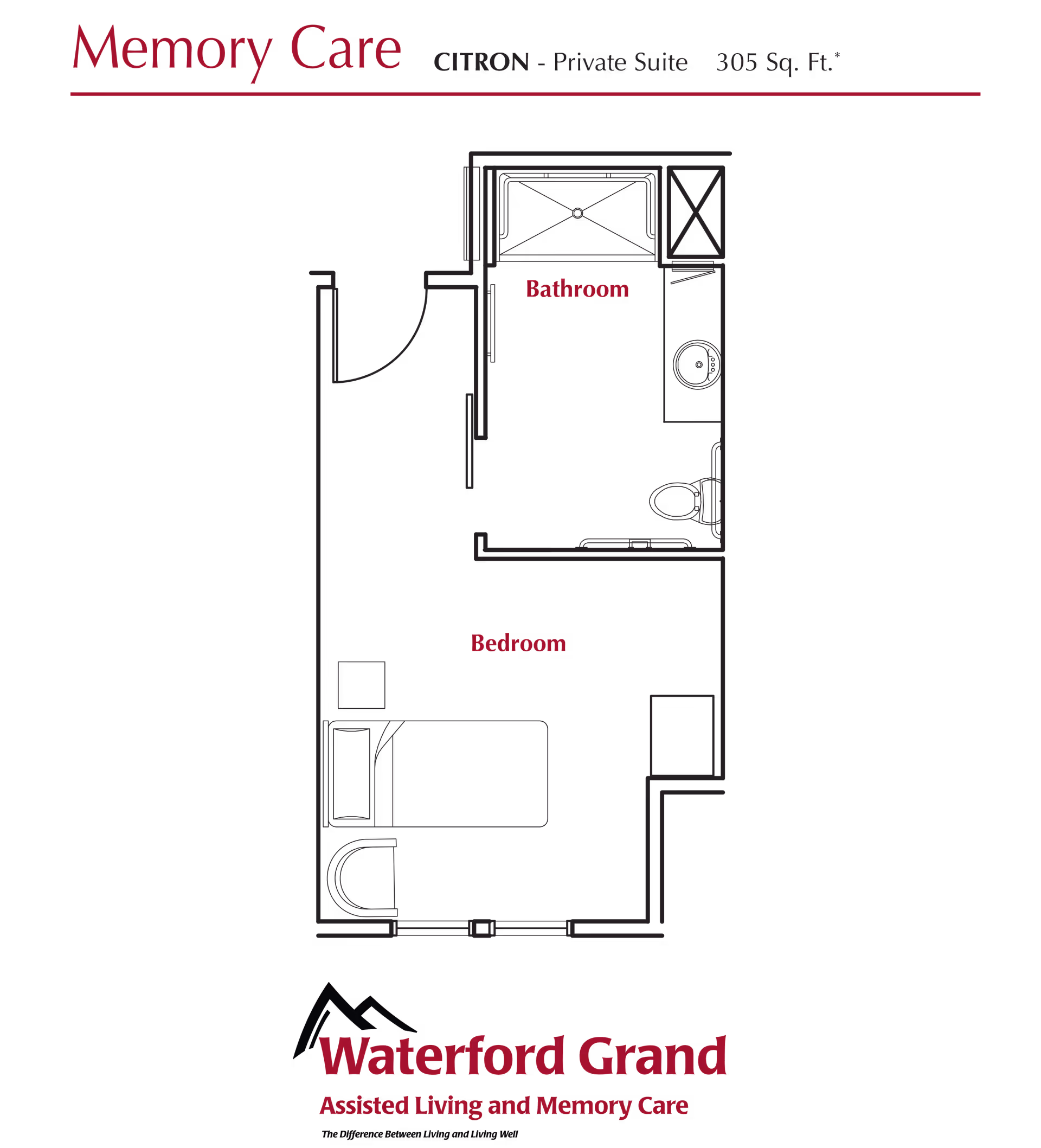 Floor plan layout of a Memory Care private suite named Citron at Waterford Grand, showing a bedroom and a bathroom within a 305 square feet area.