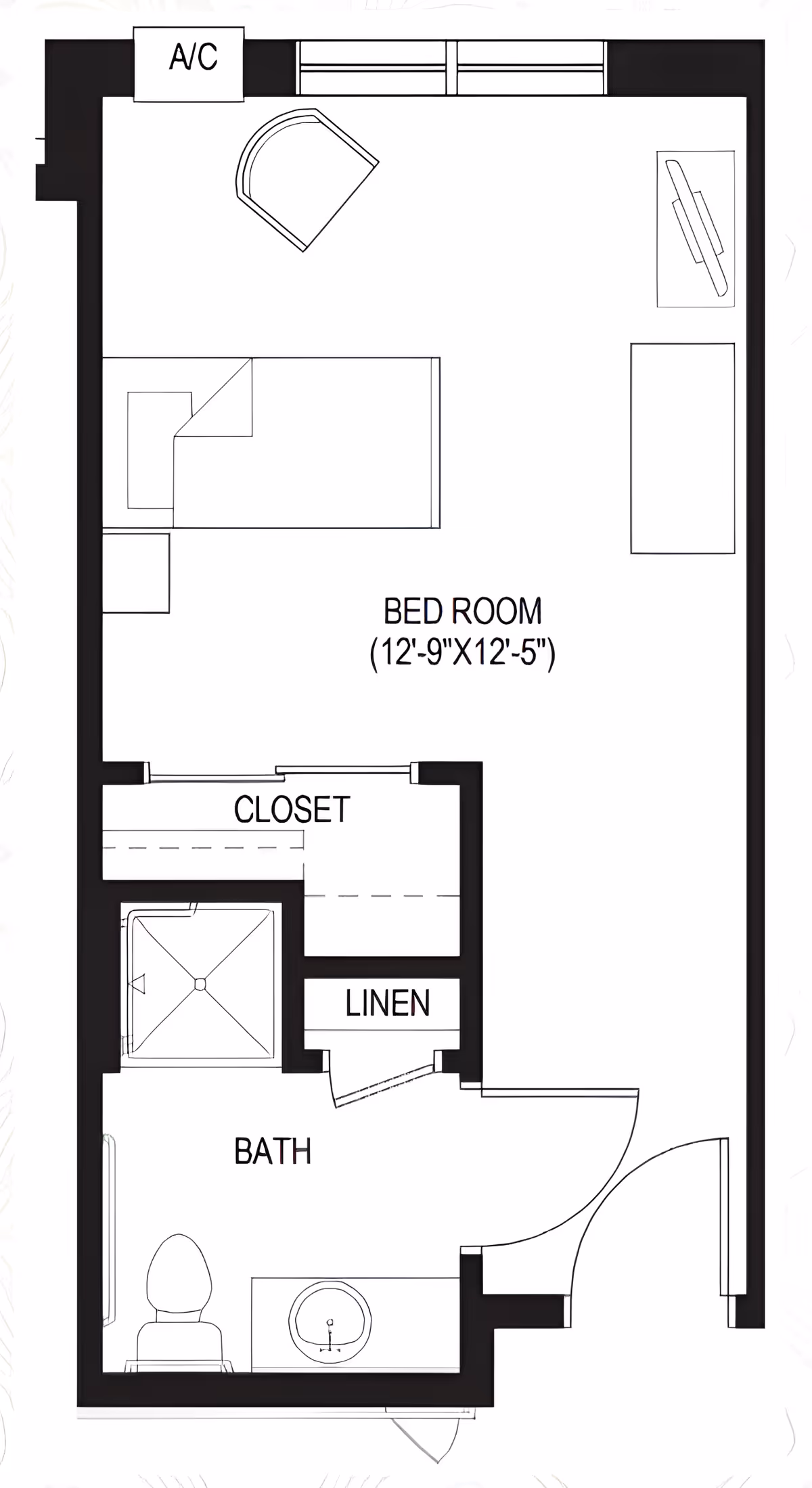 Floor plan of a bedroom and bathroom area in Heritage Court Memory Care. The bedroom measures 12 feet 9 inches by 12 feet 5 inches and includes a bed, a chair, and a TV stand. Adjacent to the bedroom is a closet and a bathroom with a toilet, sink, shower, and a linen closet.