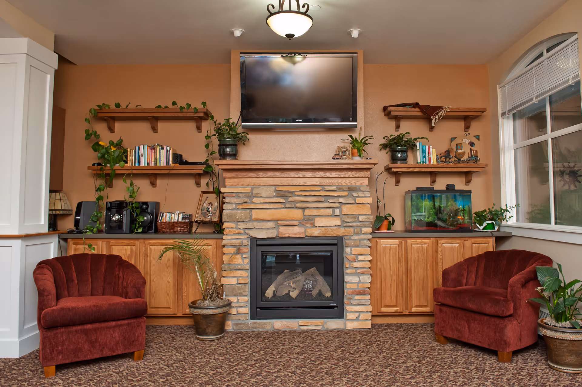A cozy living room area with two red upholstered armchairs facing a stone fireplace. Above the fireplace is a mounted flat-screen TV. Wooden shelves on either side of the fireplace hold books, plants, and decorative items. There is a fish tank on the right side cabinet and a large window with blinds on the right wall. The carpet has a patterned design and there are several potted plants around the room.
