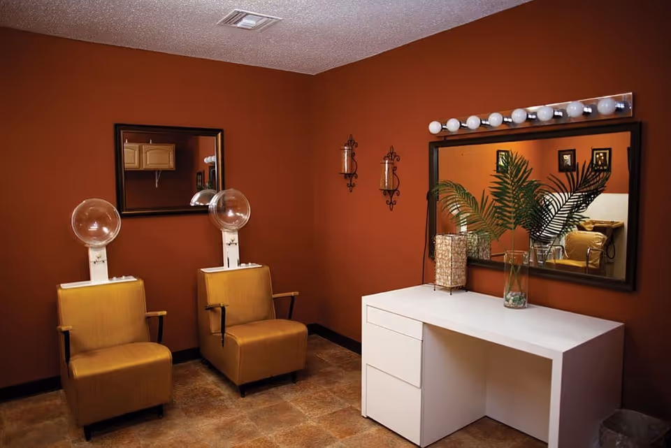 Small salon-style room with two vintage hooded hair dryers, mirrors on rust-colored walls, and a white vanity topped with a plant.
