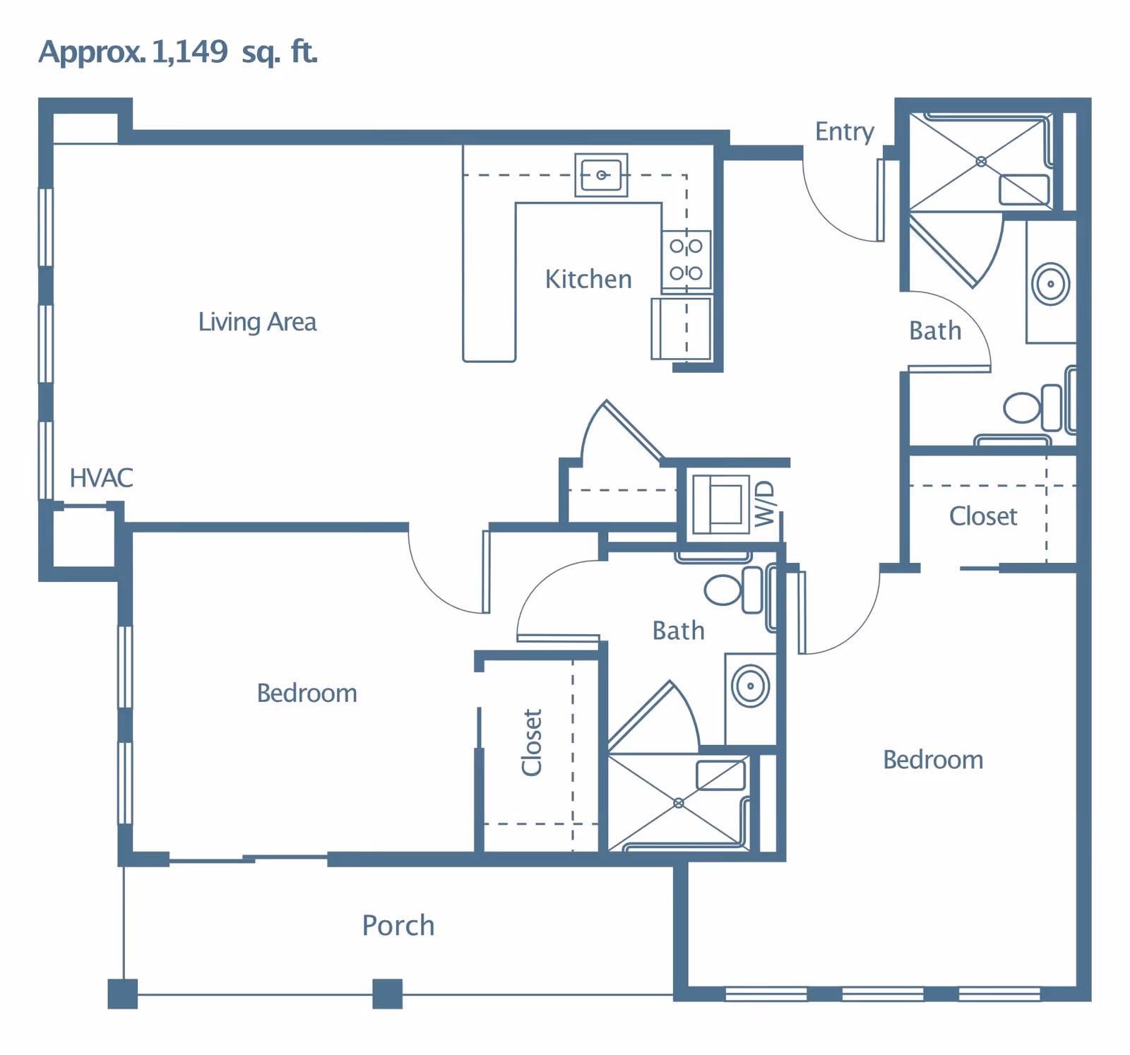 Floor plan of a residential unit approximately 1,149 square feet, showing two bedrooms, two bathrooms, a kitchen, living area, closets, a porch, and an entryway.