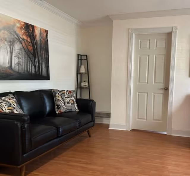 A black leather sofa with patterned pillows sits against a wall under framed forest artwork, next to a corner shelf and a closed white door.