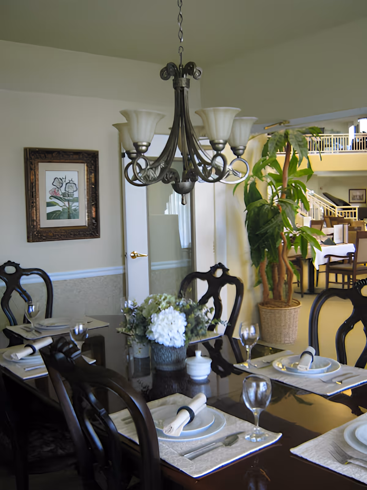 Formal dining room with a set table, dark wooden chairs, a hanging chandelier, and a potted plant near a doorway.