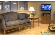 A cozy living room with a striped sofa, a wooden side table with a lamp and a small flower arrangement, a wooden TV stand with a flat-screen television, and a bowl of fruit on a table in the foreground. The room has light-colored wooden flooring and windows with vertical blinds.
