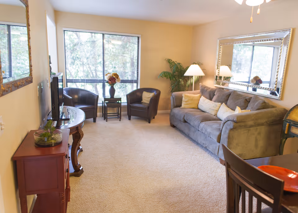 A cozy living room with a gray sofa adorned with multiple cushions, two dark brown armchairs, a small table with a flower vase between the chairs, a large decorative mirror on the wall, a floor lamp, a small red cabinet with a plant on top, and a TV on a curved wooden stand. Large windows with blinds allow natural light to fill the room.