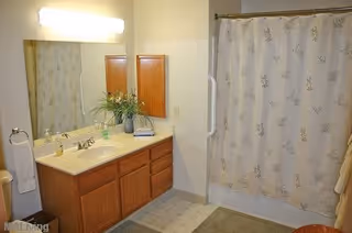 Bathroom with a wooden vanity featuring a sink, a large mirror above it, a light fixture, a towel ring with a white towel, a shower with a floral-patterned curtain, and a small plant on the countertop.