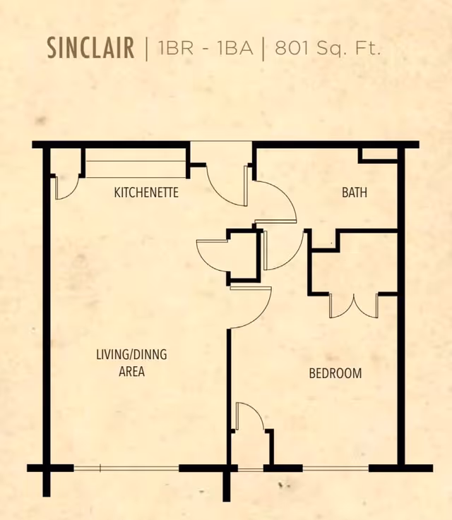 Floor plan labeled Sinclair showing a 1 bedroom, 1 bathroom apartment with 801 square feet. The layout includes a kitchenette, living/dining area, bedroom, and bath.