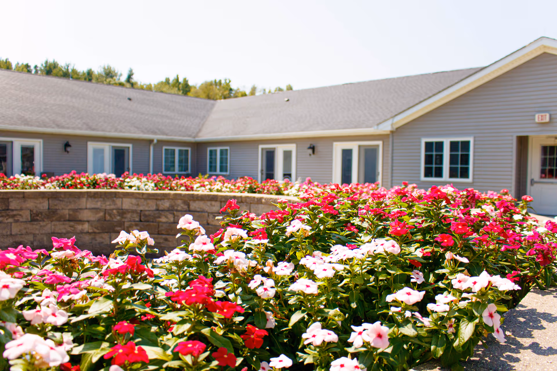 Beds of pink and white flowers in front of a single-story building with doors and windows.
