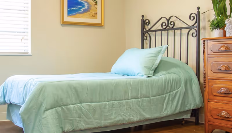 Single bedroom with a twin bed dressed in light green bedding, an ornate metal headboard, a wooden dresser, a window, and a framed beach painting.