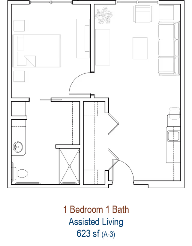 Black image showing text at the bottom that reads "1 Bedroom 1 Bath Assisted Living 623 sf (A-3)".