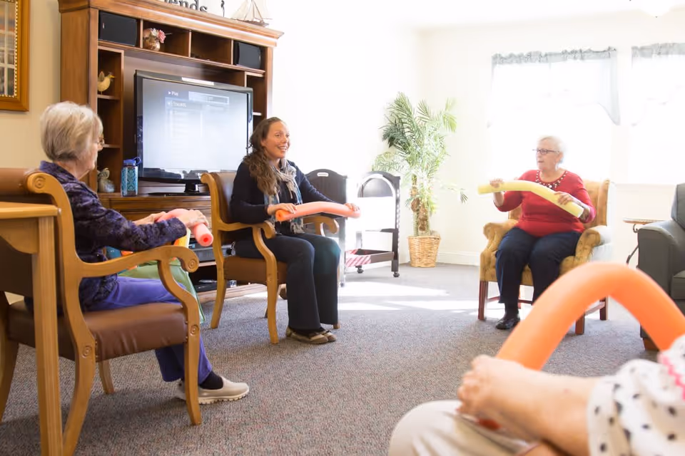 A group of elderly women and a caregiver sitting in a living room area participating in a seated exercise session using colorful pool noodles. The room is well-lit with natural light coming from a window, and there is a wooden entertainment center with a TV in the background.