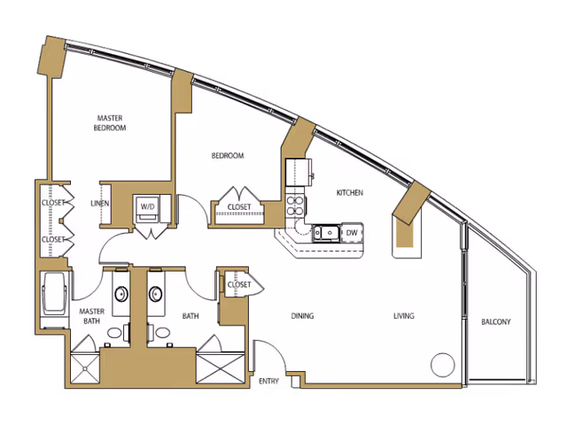 Floor plan of a residential unit at The Clare showing a master bedroom with two closets and a master bath, a second bedroom with a closet, a kitchen with dishwasher, a dining area, a living area, a balcony, a second bathroom, a linen closet, and a washer/dryer area.