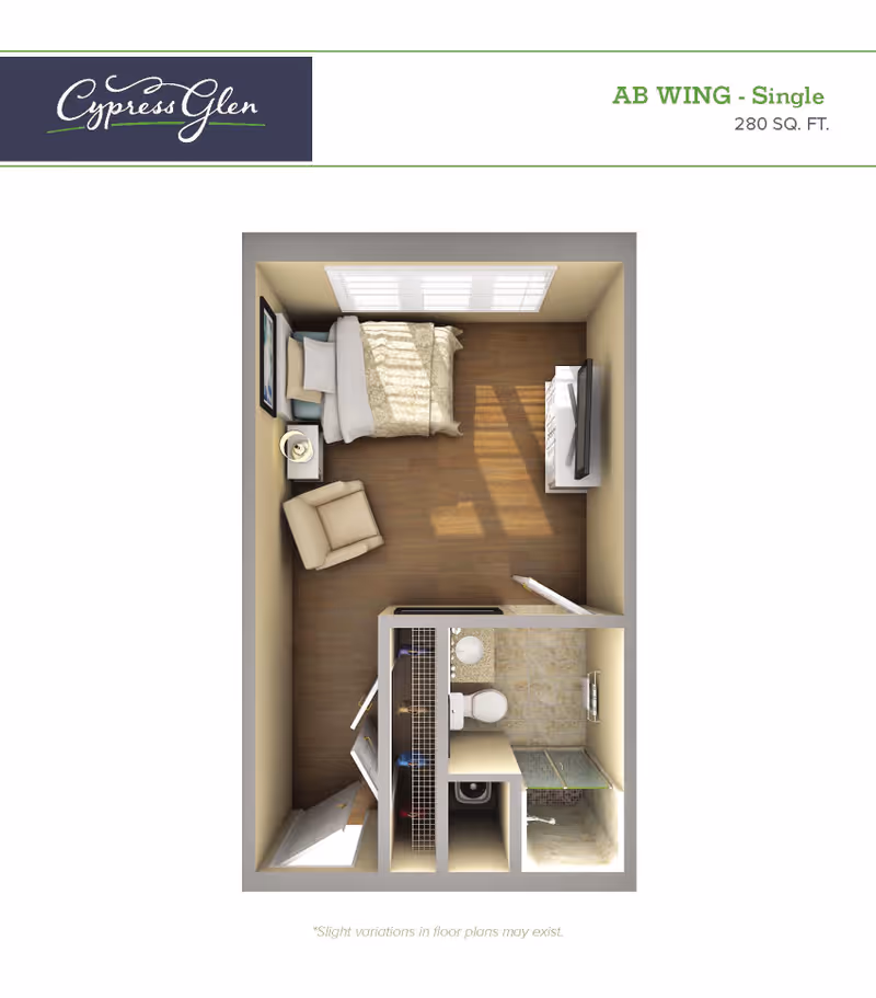 Floor plan of a single room in the AB Wing at Cypress Glen Retirement Community, measuring 280 square feet. The room includes a bed, a nightstand with a lamp, a comfortable chair, a dresser with a TV, and a bathroom with a toilet, sink, and shower. There is also a closet area near the entrance.