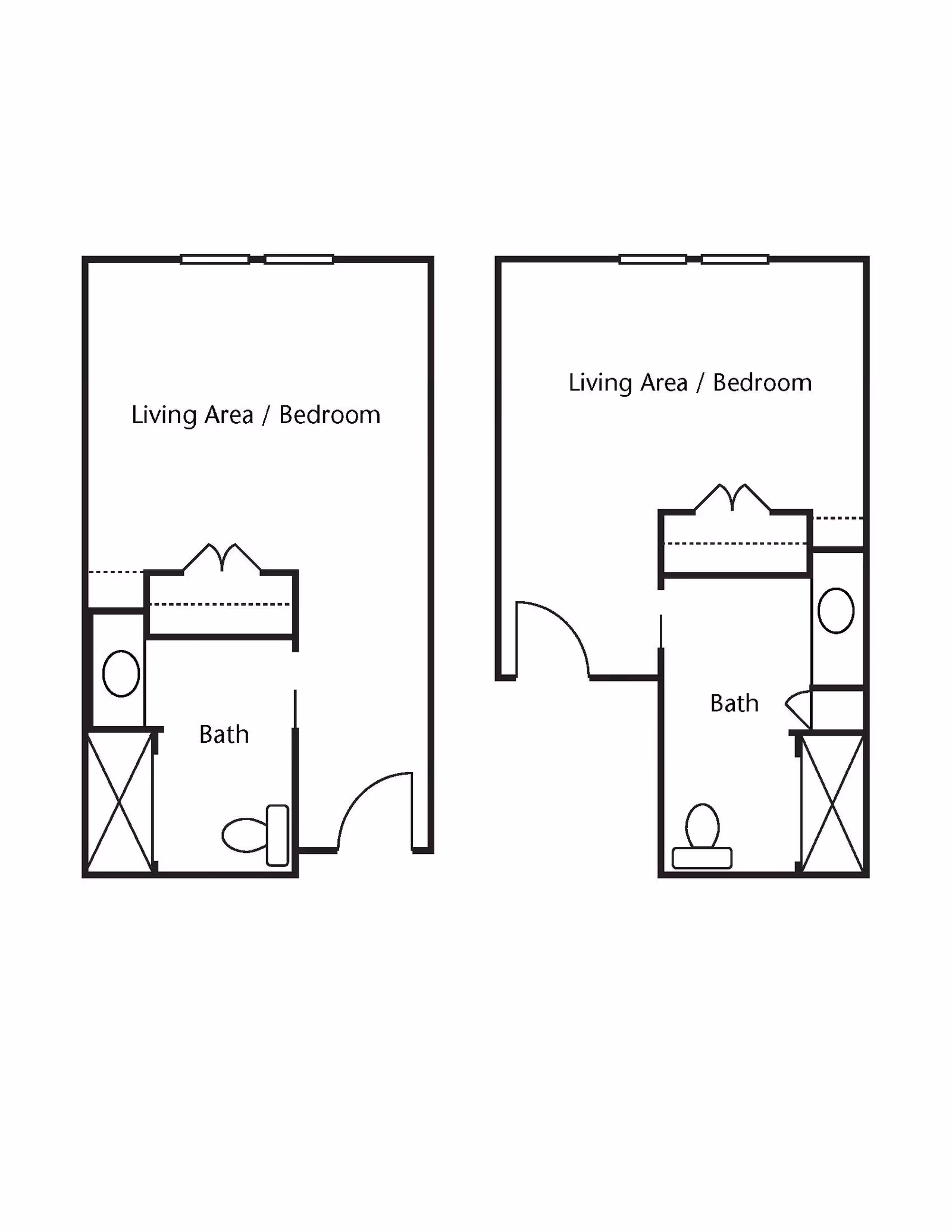 Architectural floor plan showing two studio apartment layouts, each with a combined living area and bedroom, a bathroom with a toilet, sink, and shower, and closet space.
