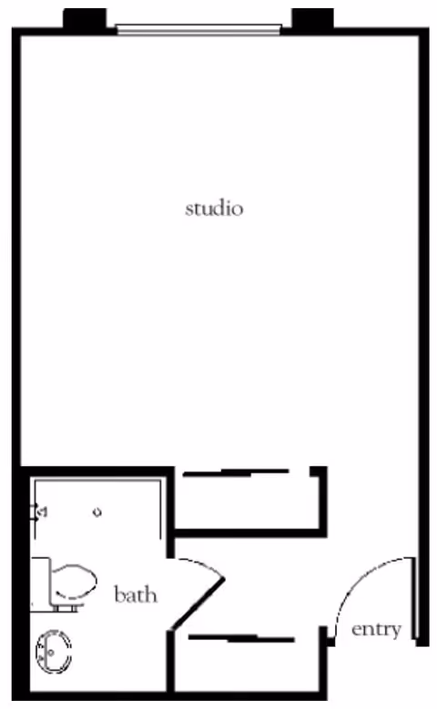 Floor plan of a studio apartment at Atria Walnut Creek showing a main studio living area, a bathroom with a toilet and sink, and an entry area.