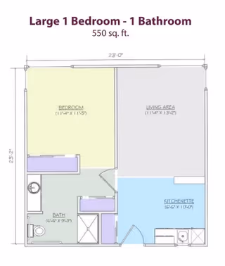 Floor plan of a large 1 bedroom, 1 bathroom apartment with a total area of 550 square feet. The layout includes a bedroom measuring 11 feet 4 inches by 11 feet 5 inches, a living area measuring 11 feet 4 inches by 13 feet 2 inches, a kitchenette measuring 16 feet 6 inches by 10 feet, and a bathroom measuring 6 feet 6 inches by 9 feet 3 inches. The floor plan shows the arrangement of rooms and fixtures including a toilet, sink, and shower in the bathroom.