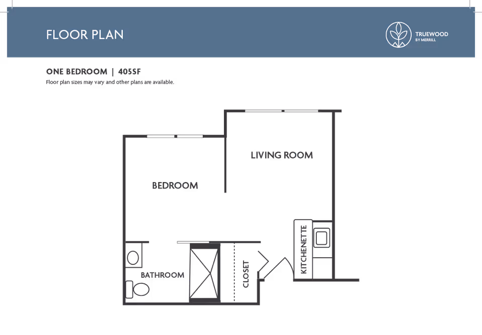 One-bedroom 405 sq ft floor plan for Truewood by Merrill showing a bedroom, living room, bathroom, closet and kitchenette.