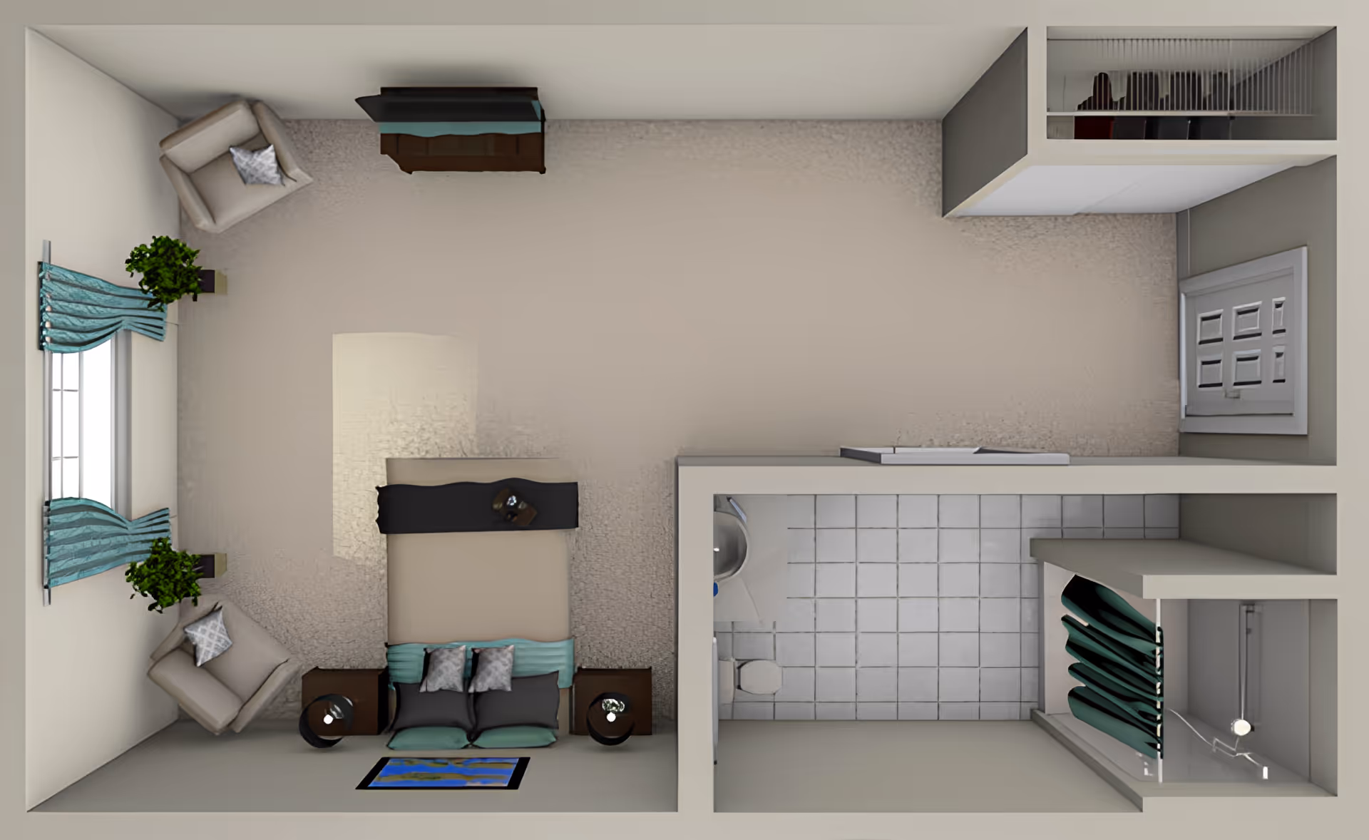 Top-down view of a senior living facility room at Walden Place, featuring a bedroom area with a bed, two armchairs, two side tables with lamps, a TV stand, two plants near a window with blue curtains, and an attached bathroom with a toilet, sink, and shower.