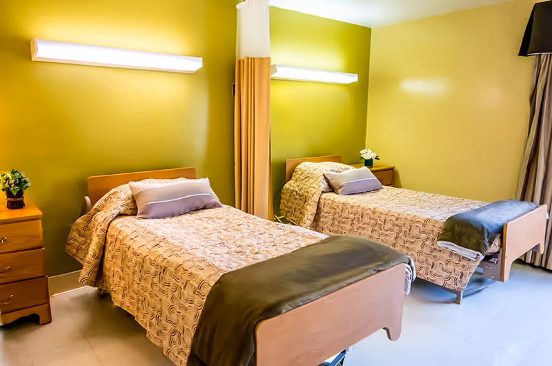 A room with two single beds, each with patterned bedspreads and pillows. There is a wooden nightstand with a small plant between the beds. The walls are painted in shades of green and yellow, and there is a curtain divider between the beds. A window with curtains is visible on the right side.