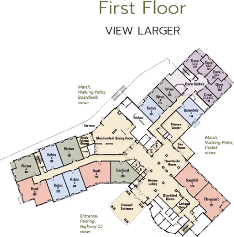 Colored first-floor floor plan of Okalee of Medina showing labeled rooms, dining areas, care suites, and corridors.