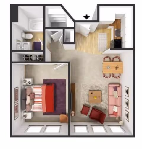 Top-down view of a senior living apartment floor plan showing a bedroom with a bed, nightstands, and a rug; a bathroom with a bathtub, toilet, and sink; a kitchen area with appliances and cabinets; a dining area with a table and four chairs; and a living room with a sofa, two armchairs, a coffee table, and wall art.