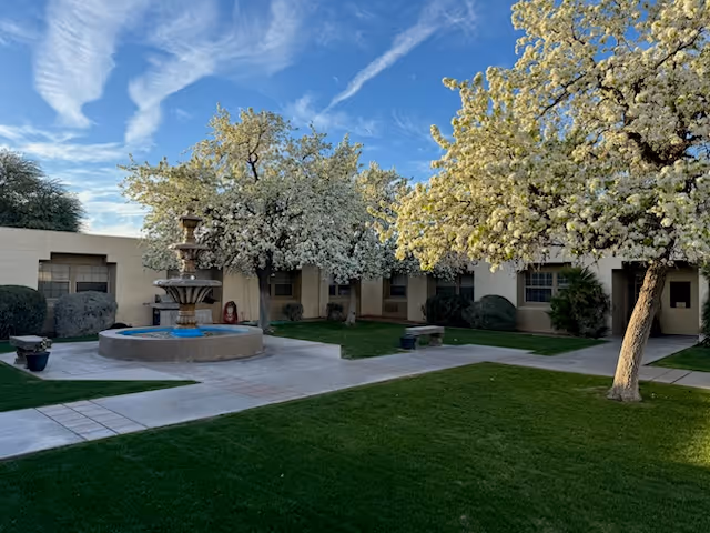 Outdoor courtyard area with green grass, paved walkways, a multi-tiered water fountain, and blooming trees with white flowers. The courtyard is surrounded by a beige building with windows and doors under a blue sky with wispy clouds.