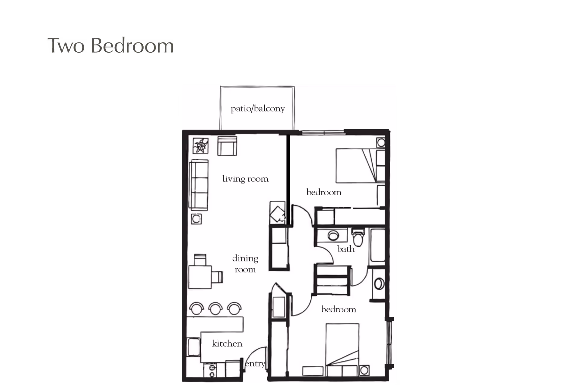 Black-and-white floor plan of a two-bedroom apartment showing labeled living room, dining room, kitchen, two bedrooms, bath and a patio/balcony.