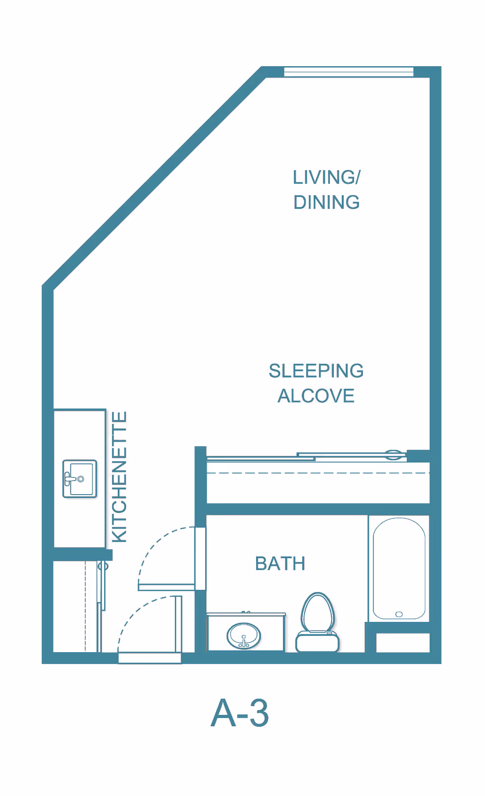 Floor plan labeled A-3 of a studio layout with a kitchenette, bath, sleeping alcove, and living/dining area.